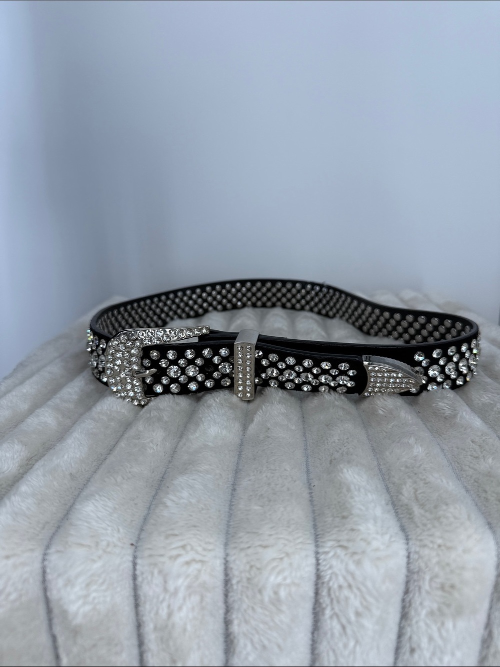 Black Studded Rhinestone Belt with Silver Hardware